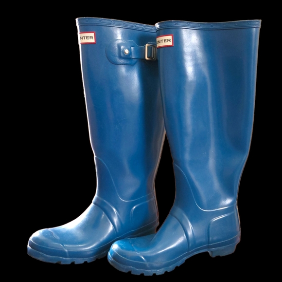 Size 8 Hunter Rain Boots Glossy Nimbus Blue Rubber Boots - Picture 1 of 13